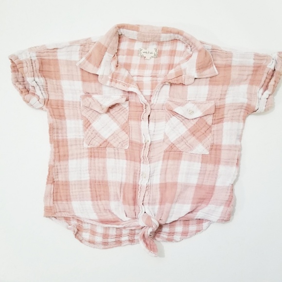 Sandy & Sid Tops - Sandy & Sid Button-up Plaid Coral White Top Tie E1